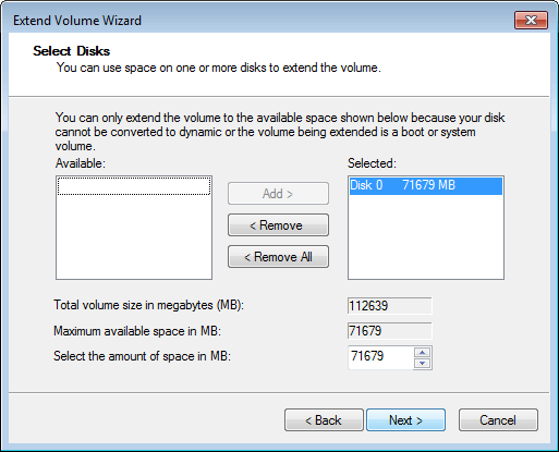 Select disk space